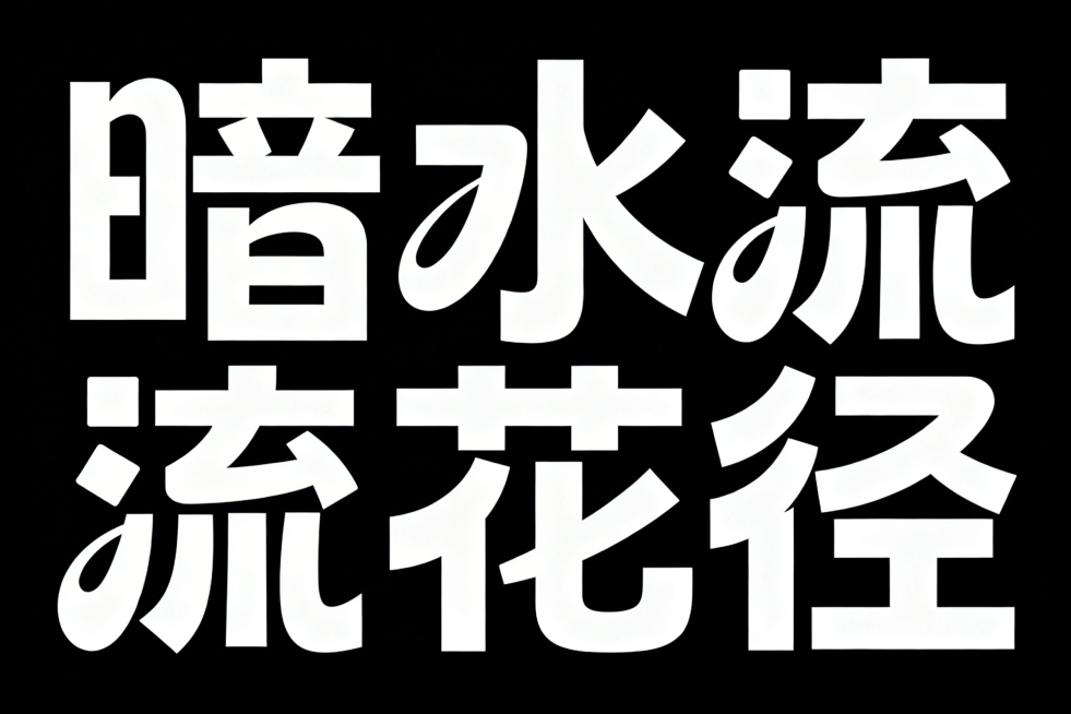 艺术字体设计“暗水流花径”，横向排版，白色字体，纯黑色背景，极简风格，扁平矢量图形。采用黑体变形设计，笔画边缘厚重，拥有夸张的笔画张力和连笔处理，极具艺术感。笔画粗细均匀无变化，每个笔画都带有俏皮弧度预览效果