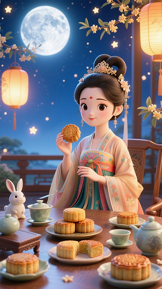 画面中心是坐在桌前、身着汉服的卡通嫦娥，她手持月饼，看着镜头，桌上摆放着多块月饼、茶具，兔子造型摆件。背景是夜空，点缀灯笼、圆月、星星点点的光效、桂花枝，光线明亮