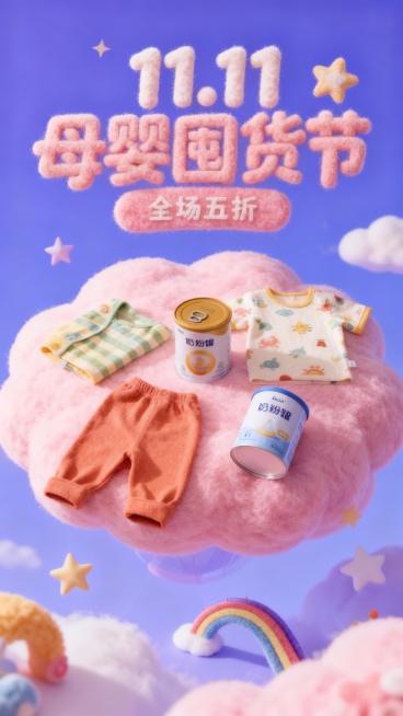 放大的物品悬浮或摆放在巨大的3D粉色毛绒云朵上，背景大字标题“11.11 母婴囤货节”毛绒艺术大字位于画面上方，毛绒小字标签“全场五折”位于标题下方，毛绒可爱元素装饰（星星、彩虹滑梯），轻微俯视镜头，预览效果