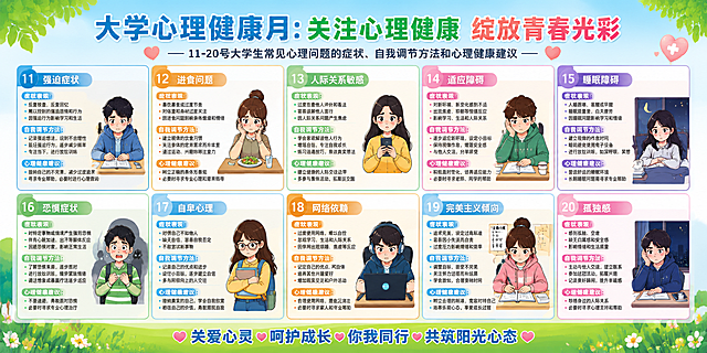 大学心理健康月宣传展板，尺寸高1.5米长3米，可打印。完整保留所有文字内容：包含11到20号共10种大学生心理问题的症状、自我调节方法和心理健康建议全部文字信息，每个文字内容都清晰可识别。每个心理问题模块搭配对应主题的卡通大学生人像照片，字体清晰大而不糊，排版整齐分块清晰，整体风格清新阳光，适合大学校园展示