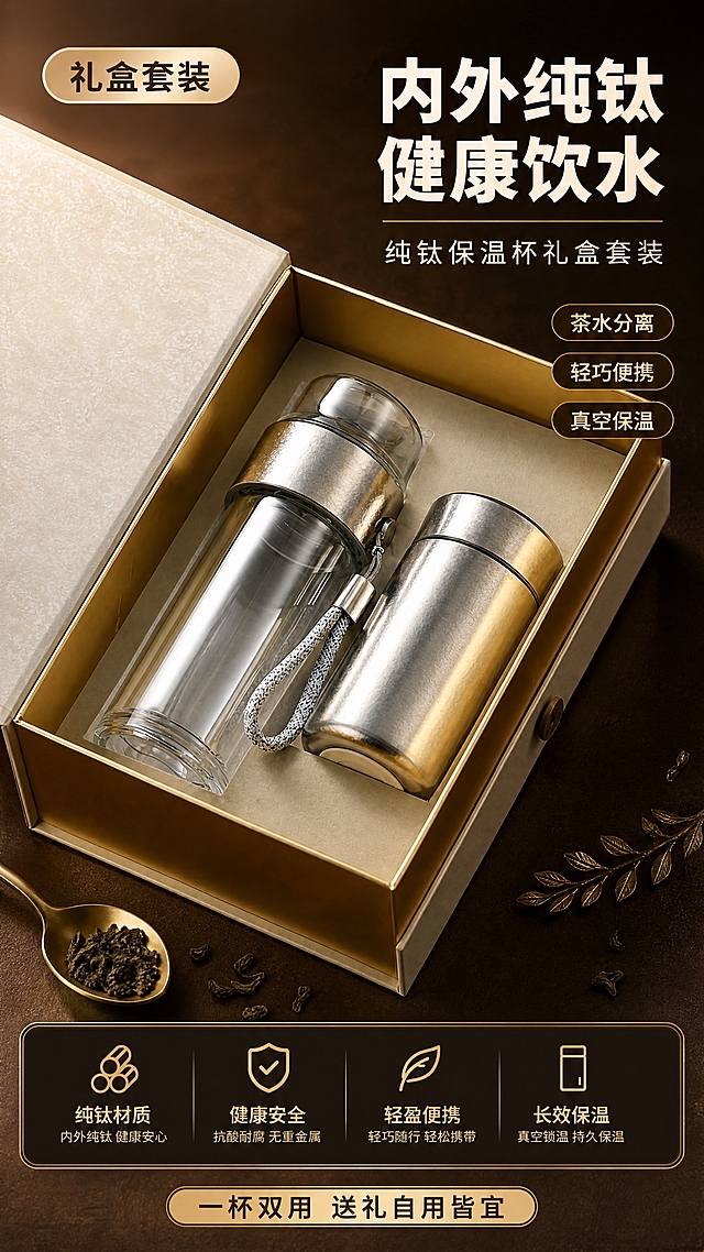 [商品] 使用【图1】纯钛保温杯礼盒套装；保留玻璃茶水分离杯（透明杯身+钛色金属盖+灰色编织挂绳）、纯钛保温杯（全钛金属拉丝机身+钛色杯盖）的结构、比例、颜色、材质和细节；保留米白纹理礼盒与金色内衬的外观与质感；商品处理：增强金属拉丝质感与玻璃通透感，去除表面灰尘与杂光，不改变产品结构与颜色。
[画面] 目标为高端礼盒套装头图海报，突出内外纯钛健康饮水的核心价值；上下构图，上方为产品主体，下方为文案区；礼盒打开呈45度俯视角，双杯并列于金色内衬中，产品占画面65%；深棕色高级质感背景，左侧柔光打亮金属质感，右侧暗调营造氛围；前景散落少量茶叶与金色装饰元素，中景为礼盒与双杯，后景为深棕渐变虚化背景；阅读动线从上至下，先看产品再看文案。
[视觉] 套系策略：风格=高端商务影棚商业摄影；标题字=粗黑体（思源黑体Heavy）；正文字=常规黑体（思源黑体Regular）；主色=深棕金（深咖啡色+香槟金）；背景延展=基于深棕金做深浅层级、同色渐变和细腻皮革/金属质感；强调色=香槟金，仅用于小面积图标、引线、标签和局部高光；标题色=米白色；正文色=浅金色；组件=圆角深棕信息卡、细金线引线、金色胶囊标签；光影=左前侧暖柔光+右侧轮廓光，金属高光清晰，玻璃通透有折射。
[文字] 顶部右侧主标题「内外纯钛 健康饮水」，副标题「纯钛保温杯礼盒套装」；左上角金色胶囊标签「礼盒套装」；右侧竖排3个卖点胶囊：茶水分离、轻巧便携、真空保温；底部信息条补充「一杯双用 送礼自用皆宜」；所有文字横排，不遮挡产品主体与礼盒关键结构。
[规格] 图片比例9:16竖版，4K分辨率，medium质量；避免变形、错字、文字过小、冷蓝/冷灰背景、产品颜色改变、结构失真、出现平台Logo/水印/二维码。