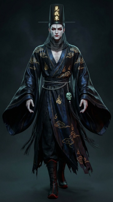 （俊美中式神祇黑无常三维模型，超精细角色建模，超写实纹理，电影级打光，虚幻引擎 5，Octane 渲染，PBR 材质，次表面散射，8K 分辨率）生成类似UI框，（凌厉棱角分明的五官，冷白瓷质肌肤，高颧预览效果
