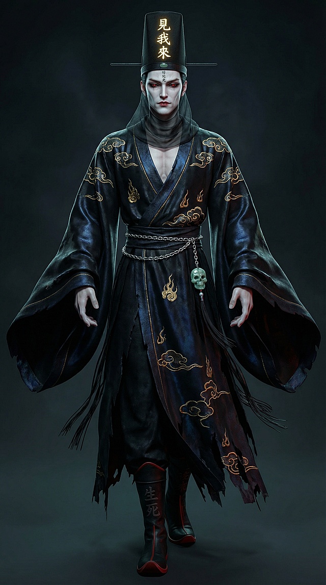 （俊美中式神祇黑无常三维模型，超精细角色建模，超写实纹理，电影级打光，虚幻引擎 5，Octane 渲染，PBR 材质，次表面散射，8K 分辨率）生成类似UI框，（凌厉棱角分明的五官，冷白瓷质肌肤，高颧骨，薄绯色唇，丹凤眼配猩红发光瞳孔，长睫毛，额间纹有暗纹符咒「暗处微光」，身形纤长却带肌肉线条，宽肩，四肢修长「优雅又诡谲」，高大挺拔的姿态）（传统黑色无常长袍「下摆破损流苏」，丝绸面料带暗蓝虹光，金线绣冥界云纹与鬼火图案，宽袖微扬「动态飘逸」，颈间缠绕半透黑纱，银链腰带坠玉质小骷髅挂饰，红底黑靴刻「生死」纹路，高顶黑官帽书鎏金发光大字「見我來」）