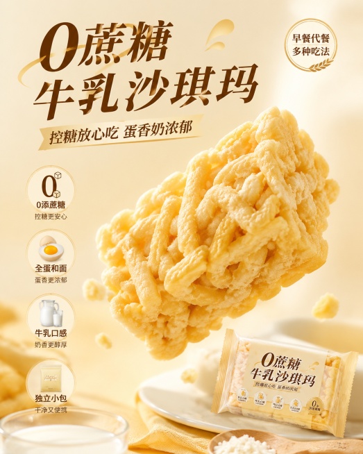 移动端商品营销海报，4:5比例，写实商业摄影风格，0蔗糖牛乳沙琪玛。整体为暖奶浅黄色烘焙暖调，背景做浅色渐变，沙琪玛产品斜向悬浮放大在画面中心，顶部侧前方暖柔光，营造酥软奶香的食欲感。主标题大字体“0预览效果