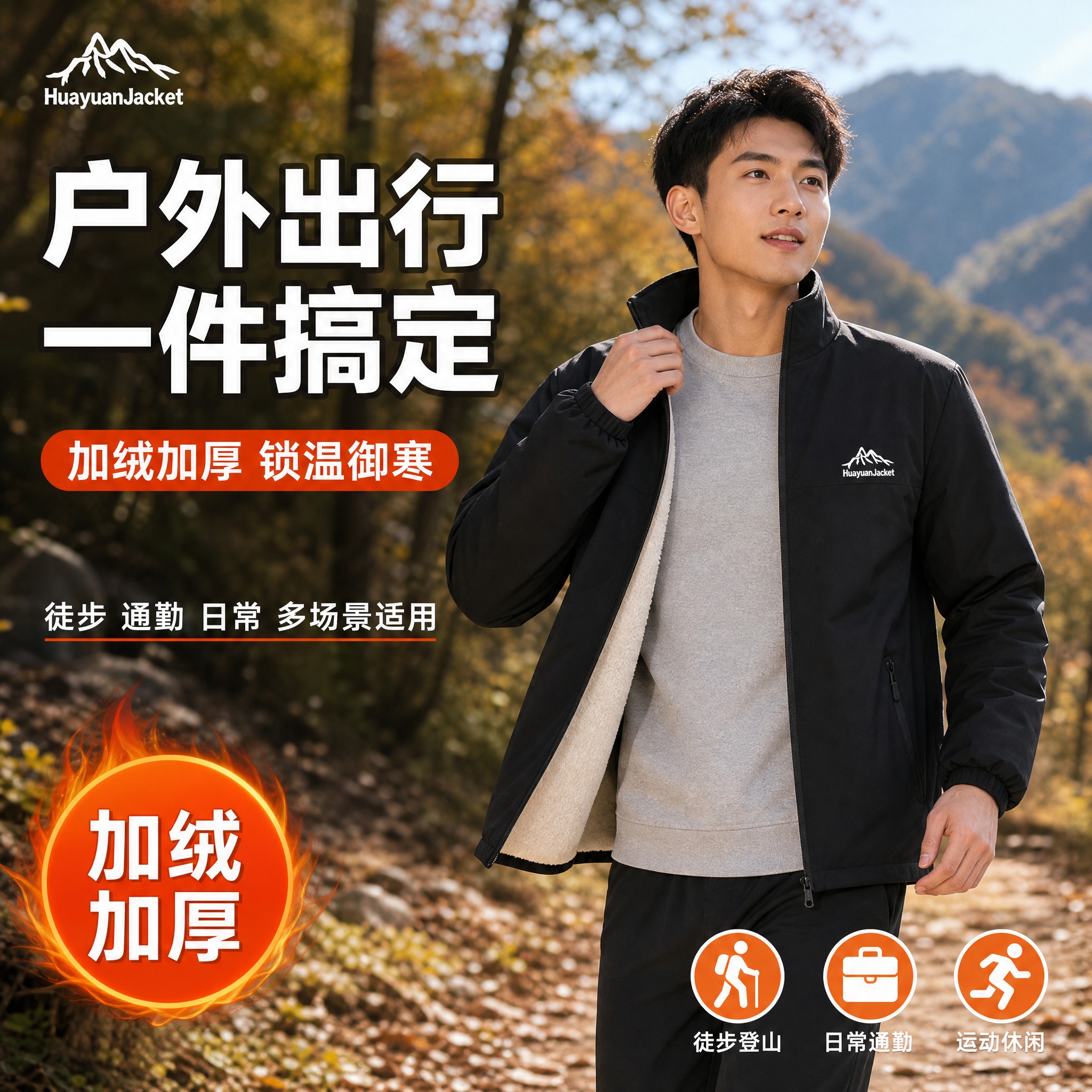 [主图-3] 户外场景展示图，男士户外穿着效果，运动休闲场景。… - 图片创意预览