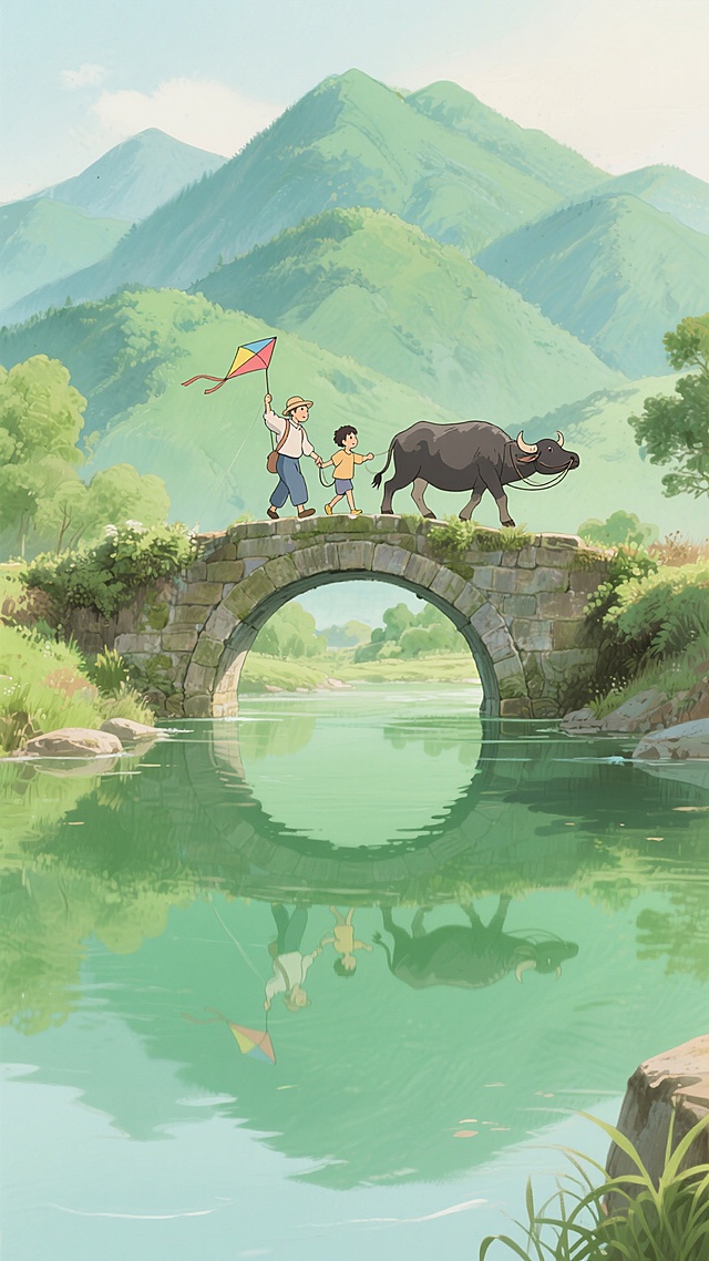 宫崎骏风格插画，画面中心是山里一座历史悠久的小拱桥，远处是一座座青山，农民伯伯牵着耕牛从上面经过，身旁的孙子手拿着风筝要放飞的样子，桥下绿色水面反射出这一场景的倒影，整体氛围宁静治愈，手绘质感，柔和色彩，细腻笔触，童话般温馨场景，无文字信息