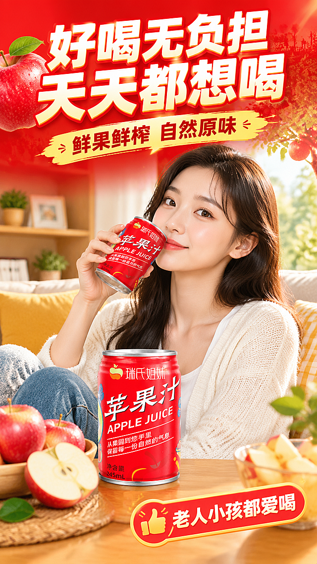 [商品] 使用【图1】瑞氏姐妹红色罐装苹果汁；保留罐体红色、银色罐口、"瑞氏姐妹"Logo、"苹果汁"大字、净含量245mL字样，罐体结构比例不变，罐身文字清晰可辨。
[画面] 模特生活方式型展示页。年轻亚洲女性，20-30岁，清新自然妆容，休闲穿搭，坐在明亮的客厅沙发或窗边，手持红罐苹果汁正在饮用，嘴角微扬表情愉悦。产品位于画面中心区域，罐体正面朝向镜头，占画面约35%。背景为温馨居家环境虚化，旁边有小茶几和水果盘，生活气息浓厚。
[视觉] 套系策略：风格=拼多多大字报式食品商业摄影，高饱和度强对比；标题字=粗黑体厚重字；正文字=简洁黑体；主色=正红+苹果红；背景延展=基于正红做深浅渐变、光晕、果园剪影层次；强调色=金黄，用于小面积标签、图标、高光点缀；标题色=白色+金黄描边；正文色=白色/浅黄；组件=圆角红黄渐变信息卡、粗线条引线、爆炸贴标签；光影=自然柔和暖光，人物面部光线均匀，产品高光清晰。
[文字] 顶部红底白字大标题"好喝无负担 天天都想喝"，下方副标题"鲜果鲜榨 自然原味"，底部配"老人小孩都爱喝"小字标签。文字全部横排，字号大层次分明，不遮挡人物脸部和产品正面。
[规格] 图片比例9:16竖版，4K，避免变形、错字、文字过小、冷蓝背景、罐体颜色改变、包装文字错乱、人物表情怪异、低俗擦边。
