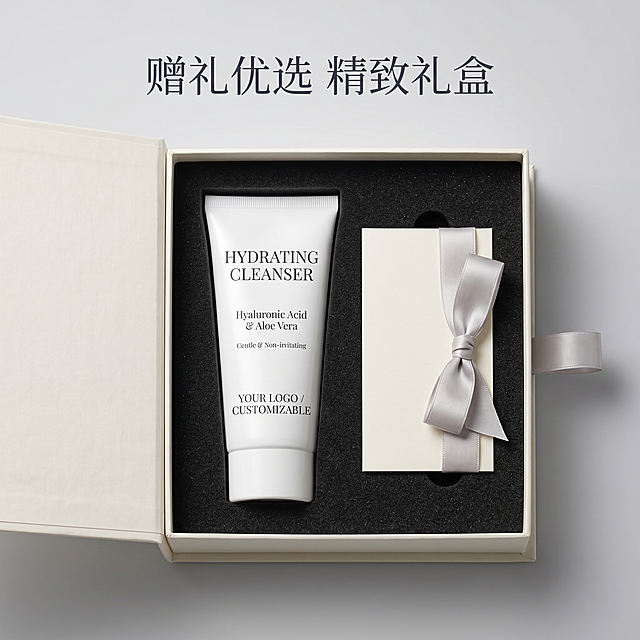 [主图 7] 礼盒包装展示。[氛围风格] 高级送礼感，精致大气，干净典雅。[画质] 商业包装摄影，质感高级，细节清晰，超高清。[元素] 洁面乳放置在打开的精致米白色礼盒中，礼盒内部有黑色珍珠棉衬托，旁边放置一张简约贺卡和浅灰色丝带，整体精致高级。保持原洁面乳产品外观与输入图片绝对一致，杜绝变形色差，产品在礼盒中心，突出主体。背景浅灰色渐变，干净简洁。商品整体占比约70%，画面满屏无边框。[光影] 柔和顶光，礼盒纸材质感细腻，产品边缘高光柔和，整体高级不刺眼，通透干净。[配色] 主色米白礼盒+珍珠棉黑+丝带灰，产品本白，低饱和高级配色。[视角构图] 45度斜角俯视，打开礼盒展示内部，景深适中，整体构图对称高级。[文字版式] 顶部居中文字 "赠礼优选 精致礼盒"，细体深灰，不遮挡产品，简洁高级。[比例分辨率] 1:1 比例，2k 分辨率，文字清晰。[负向提示词] 变形，水印，文字错乱，产品模糊，包装粗糙，色彩杂乱，遮挡主体