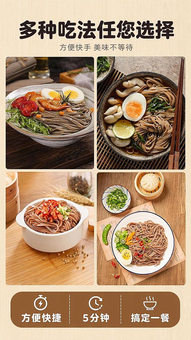 [第1屏] 拼多多商品详情页头图，荞麦面多种吃法展示海报。本屏使用【图1】、【图2】、【图3】、【图4】，将四张不同吃法的荞麦面成品图四宫格排列融合，每个格子展示一种不同搭配，所有产品的面体质感、碗盘外观与输入图片保持一致。
[氛围/风格] 温馨有食欲的美食风，自然家居场景基底，商业摄影质感，真实饱满的食物呈现。
[元素布局] 四宫格卡片式布局，每张成品图占一个区块，每个区块保留原照片的完整碗面结构；上方留出主标题区域，底部留出卖点信息条，总占比约80%，背景为浅棕原木纹理，四周保留自然留白，整体层次分明。
[光影质感] 均匀柔和自然光，每个区块光线统一，食物突出高光增加食欲，阴影自然过渡，整体画面清晰明亮。
[配色色系] 全局底色 #F5F0E6；主色原木棕；辅助色食物本身的红、绿、棕色调，黑色文字。
[视角构图] 俯视中心构图，四宫格分区均衡，阅读动线从上到下，视觉焦点清晰。
[文字版式] 版式为顶部标题 + 中部四宫格展示 + 底部卖点信息。主标题「多种吃法任您选择」，加粗圆角黑体，居中对齐；副标题「方便快手 美味不等待」，浅灰色小字；底部卖点信息条写「方便快捷  5分钟搞定一餐」，分点展示，白色文字棕色底条，不遮挡食物主体。
[比例分辨率] 9:16 竖版比例，4K分辨率，文字清晰可辨，高清画质。
[负向提示词] 食物变形，碗盘结构错误，颜色偏差，文字错乱，文字过小，水印，背景杂乱，多张图片互相污染。