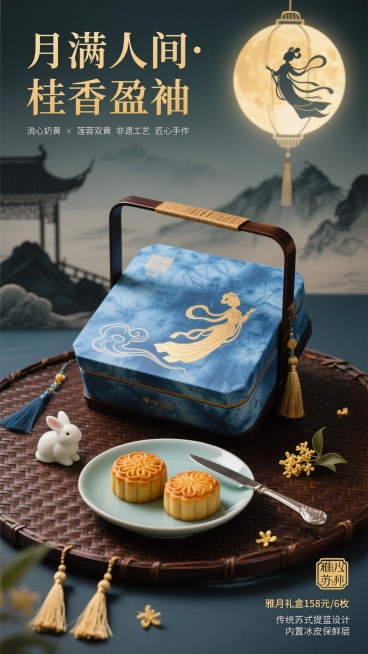 特写镜头，在古色古香的青瓷茶盘中央，一个靛蓝色扎染纹的中秋月饼礼盒静静伫立，礼盒盖面用鎏金线条勾勒出嫦娥奔月的剪影，礼盒下方是深褐色的竹编垫席，竹席边缘垂落着三枚流苏挂坠。礼盒前方的浅碟中摆放着两枚云纹酥皮月饼和一把玉兔造型的银质小刀，碟旁散落着几片金桂花瓣。背景是水墨晕染的远山和悬挂的宫灯轮廓，画面上方有"月满人间·桂香盈袖"的烫金标题，下方标注着"流心奶黄 × 莲蓉双黄 非遗工艺 匠心手作……预览效果