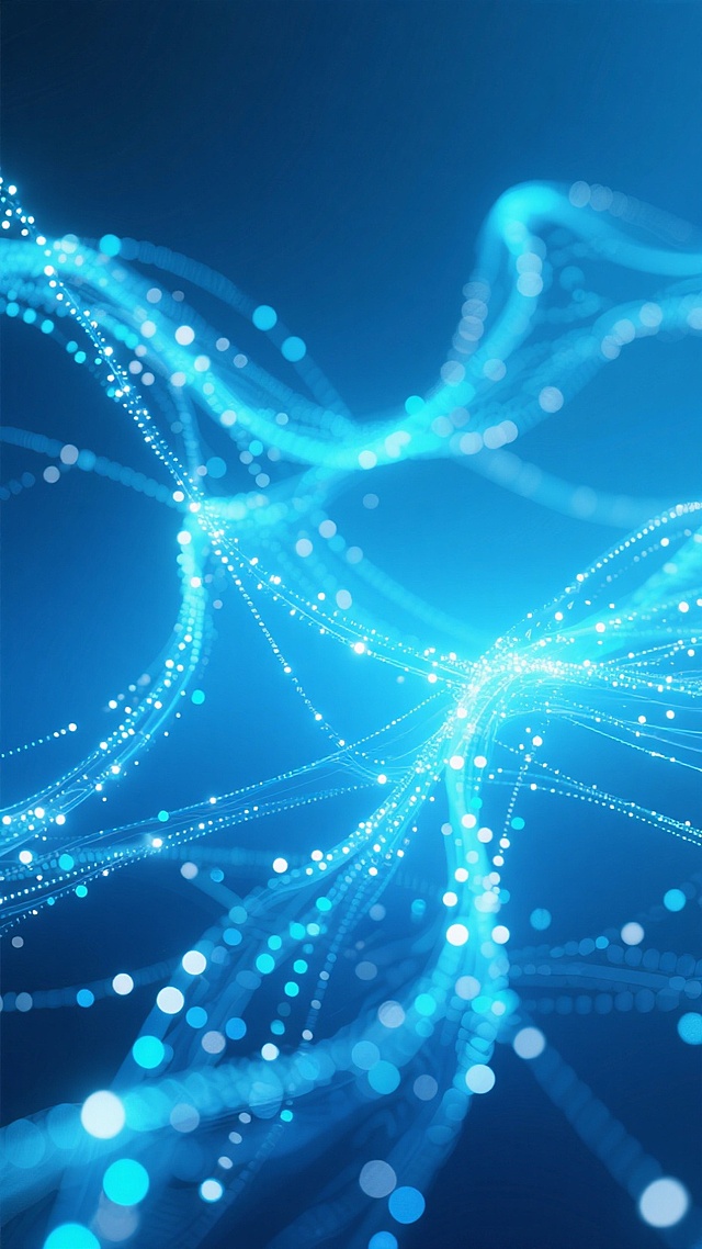 蓝色调渐变背景，数据网络，发光点线交织成动态散射状互联结构