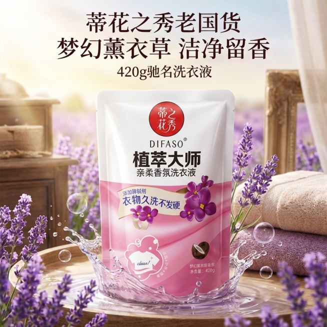我是网店卖家，产品是我是网店卖家，产品是老品牌国货,蒂花之秀驰名商品袋装洗衣液，洗衣洁净，香味持久，根据你的经验帮我生成一个电商主图，提升一些洗衣液主体质感，切记不要出现网络违禁词,略微提升质感包装袋预览效果