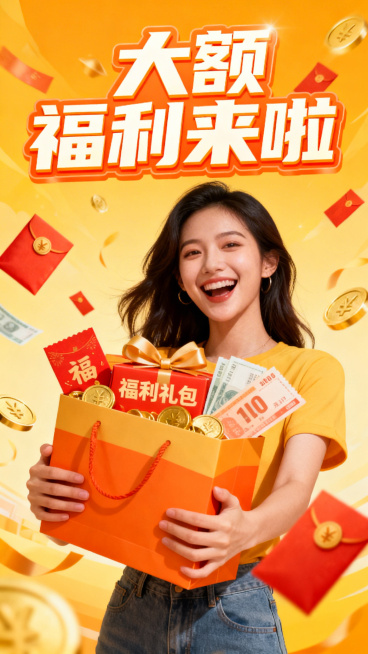 营销海报，真实活力女性人物面带笑容举着福利礼包，风格醒目明亮，主视觉突出"大额福利来啦"艺术字体，搭配红包、金币、优惠券等福利元素，整体氛围热闹有吸引力，适合商业活动宣传使用预览效果