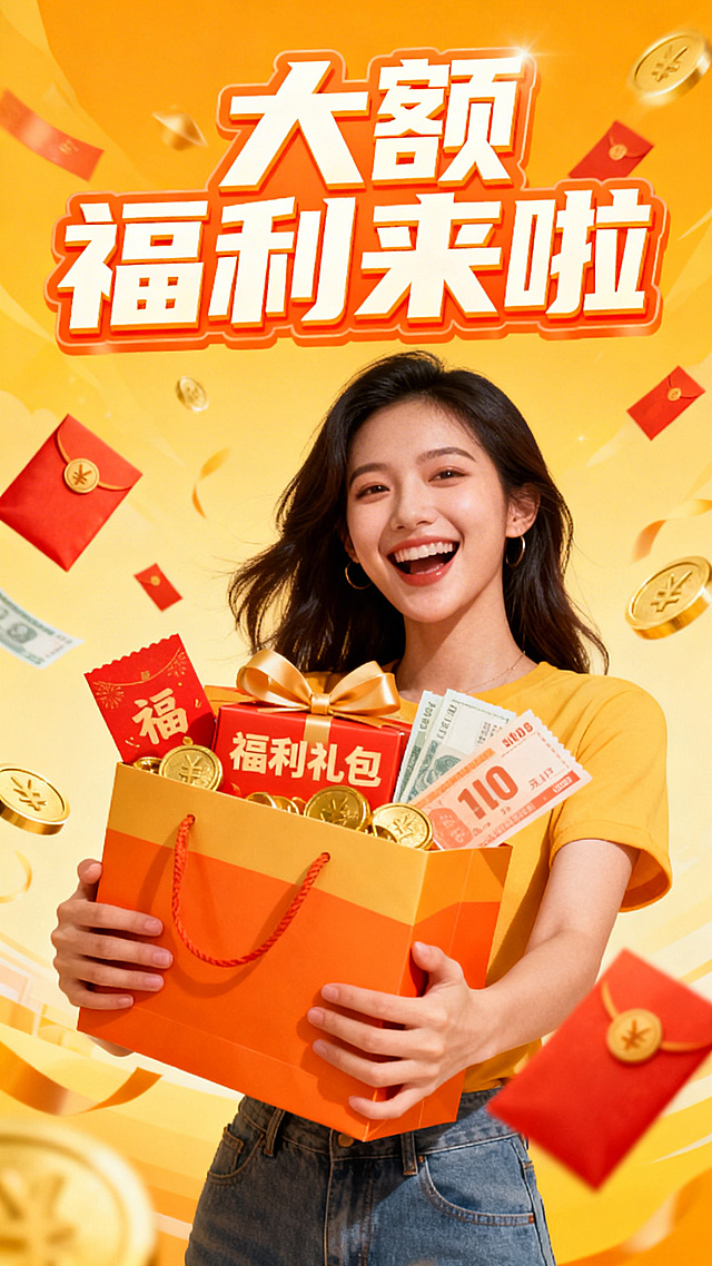 营销海报，真实活力女性人物面带笑容举着福利礼包，风格醒目明亮，主视觉突出"大额福利来啦"艺术字体，搭配红包、金币、优惠券等福利元素，整体氛围热闹有吸引力，适合商业活动宣传使用