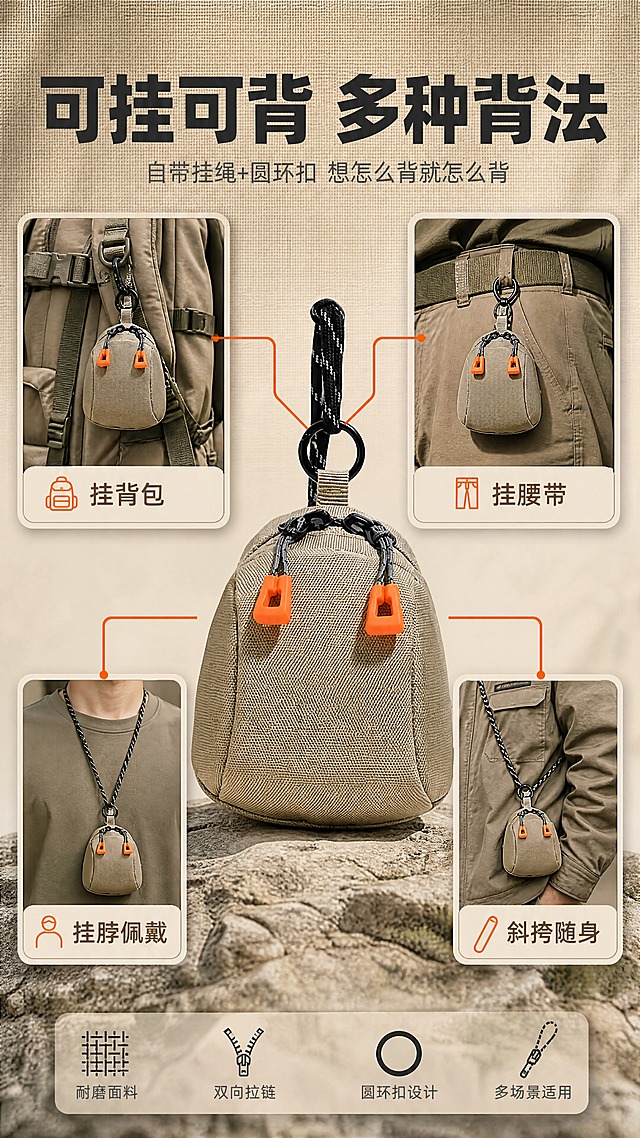 [商品] 使用【图1】卡其色多功能斜挎小包；商品处理：保留迷你立体小背包造型、双拉链橙色拉头、黑色圆环扣、黑白点纹挂绳、卡其色耐磨面料和整体结构；自然理顺面料褶皱，增强面料纹理质感、拉链五金光泽和缝线细节，不改变版型、颜色和结构。
[画面] 目标：可挂可背多背负方式展示。构图：中央产品主图，四周用引线连接4种背负方式小图：左上"挂背包"（小包挂在大背包肩带处）、右上"挂腰带"（小包扣在工装裤腰带上）、左下"挂脖"（挂绳挂脖胸前佩戴）、右下"斜挎"（搭配长挂绳斜挎在身侧）；背景为浅卡其色+工装帆布纹理，4张小图带细微边框和阴影。阅读动线：顶部标题→中央产品→四周4种背负方式顺时针阅读。
[视觉] 套系策略：风格=山系机能户外商业摄影；标题字=粗黑体硬朗无衬线；正文字=简洁无衬线体；主色=卡其棕；背景延展=基于卡其棕做深浅层级、同色渐变和户外自然肌理（岩石/草地/帆布纹理）；强调色=荧光橙，仅用于小面积图标、引线、标签和拉链呼应；标题色=深炭灰；正文色=中暖灰；组件=直角浅底信息卡、粗线引线、机能风图标；光影=左前侧自然光，柔和硬朗兼具，产品底部有自然接触阴影。
[文字] 顶部主标题"可挂可背 多种背法"，副标题"自带挂绳+圆环扣 想怎么背就怎么背"；4张小图分别标注"挂背包""挂腰带""挂脖佩戴""斜挎随身"；引线从产品圆环扣出发连接各图；所有文字横排。
[规格] 图片比例9:16竖版，4K，避免变形、错字、文字过小、冷蓝/蓝灰背景、产品颜色改变、版型失真、纯白背景。