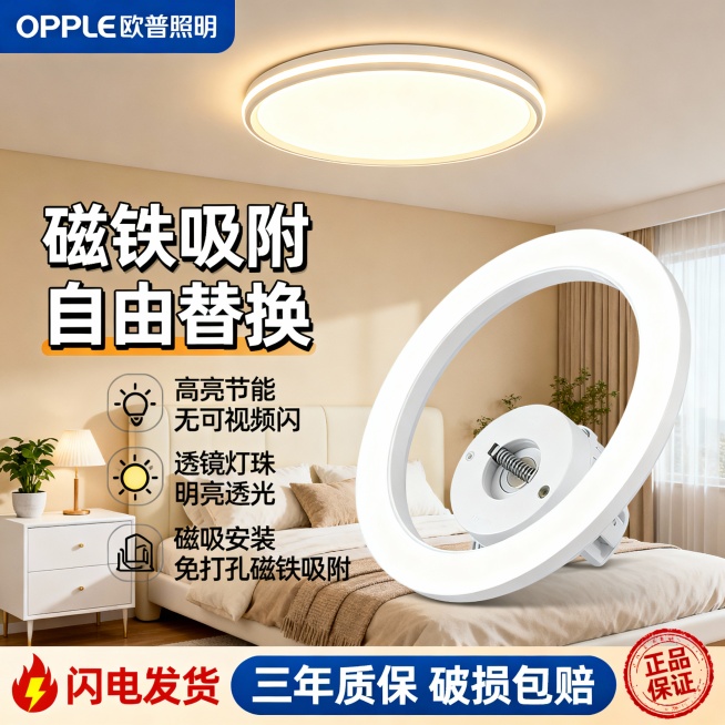 生成三张不同场景的电商主图，客厅场景，卧室场景，厨房场景，比例1:1，欧普logo，磁吸灯盘预览效果