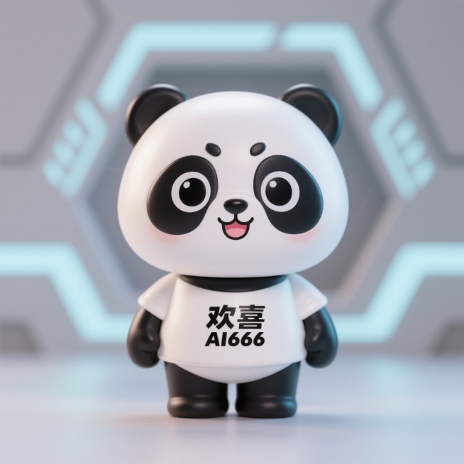 一只拟人化的大熊猫IP形象，圆滚滚的身体，黑白相间的毛发，眼睛又大又圆，闪烁着智慧的光芒，嘴角上扬带着友好的微笑，穿着印有“欢喜AI666”字样的潮流T恤，背景是简约的科技感几何图形，整体风格可爱又充预览效果