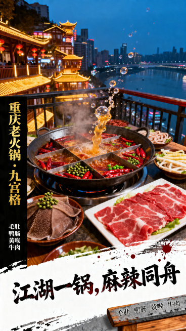 写实商业摄影，重庆洪崖洞夜景露台，九宫格铁锅牛油火锅沸腾，牛油融化气泡，红辣椒与青花椒翻滚，锅边摆着毛肚、鸭肠、黄喉、牛肉片，背景吊脚楼灯光与嘉陵江，暖黄火光与冷蓝夜景对比，高速快门定格油溅瞬间，纵深预览效果