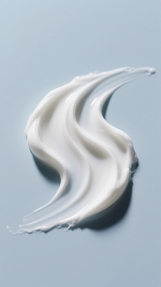 高质感化妆品膏体特写，细腻柔滑的白色膏体呈现出富有动感的立体波浪造型，边缘带有自然的不规则纹理和轻微的拉丝效果，膏体表面光滑有光泽，光线从斜上方照射，形成清晰柔和的阴影，展现出膏体的绵密质地和延展性，背景为纯净的浅灰蓝色，整体画面简洁干净，突出膏体的质感与形态，具有高端护肤品广告的视觉美感和专业摄影的细腻光影效果。