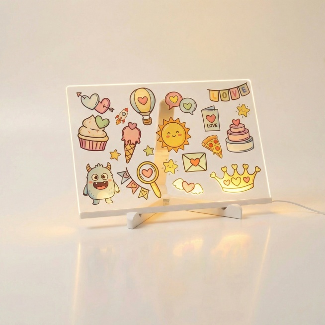 图中是发光画画板，在上面画画可以使你画的画发暖光。在产品中随机生成一副卡通画，然后卡通画P上发暖光特效，产品要白底，生成10张预览效果