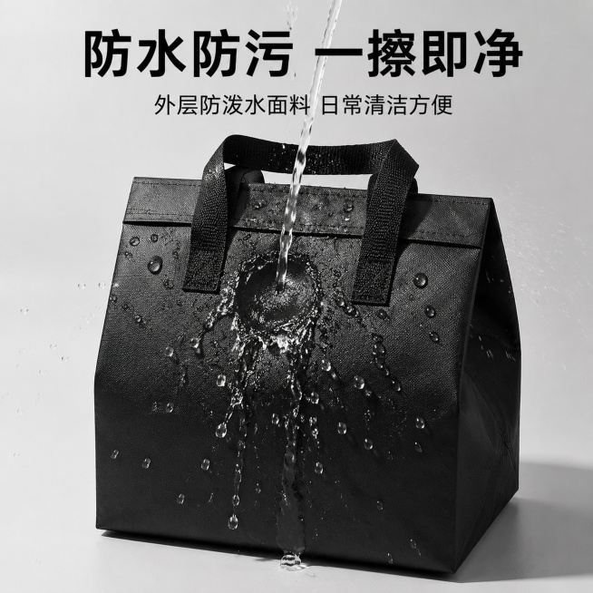 [主图-11] 保温袋防水防污性能展示。[氛围风格] 直观效果演示，真实可信。[画质] 高清动态瞬间摄影，效果清晰可见。[元素] 水珠泼洒在黑色保温袋表面，水珠滚落不渗透，展示外层无纺布防水防污性能。预览效果