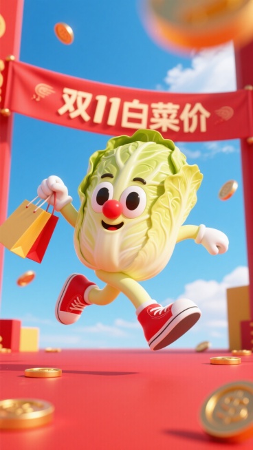一个白菜拟人的美式复古卡通角色，手里拿着很多购物袋，一只手举起来，椭圆大眼，红鼻子，白手套，红色的鞋子，红色的地面，整体的气质和材质可爱，整体造型圆润，身体呈淡黄色。四周点缀了一些金币。蹦蹦跳跳地跑过预览效果