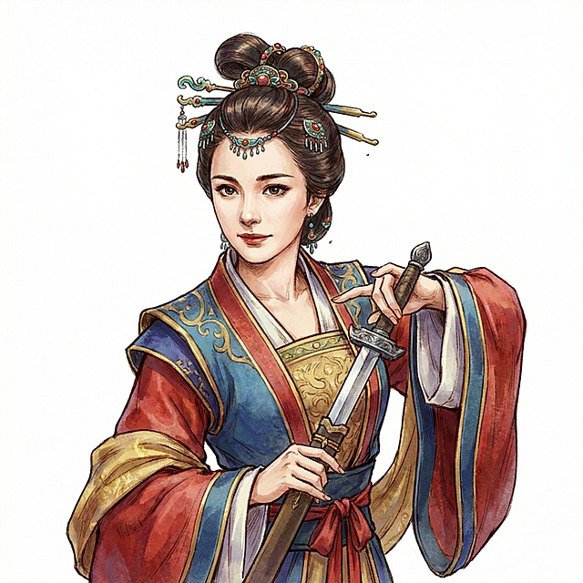 图片的尺寸、比例、画风不做修改，人物的手势、衣服、发型、发饰贴近金庸小说神雕侠侣中的郭芙，人物的五官和表情贴近女明星杨幂