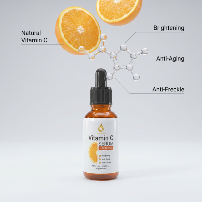 [主图 3] 核心成分功效展示图，Vitamin C精华液功效解析。
[氛围风格] 专业科研感，通透干净，科技护肤风格。
[画质] 超写实商业3D渲染，清晰真实，画面高级干净。
[元素] 保持原产品外预览效果