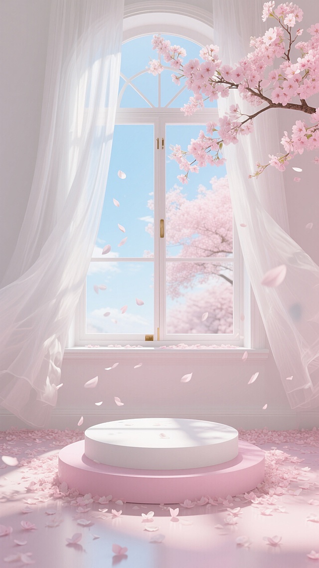 梦幻3D风，虚拟自然场景，甜美浪漫的樱花窗前，花瓣飘落，营造温馨氛围。