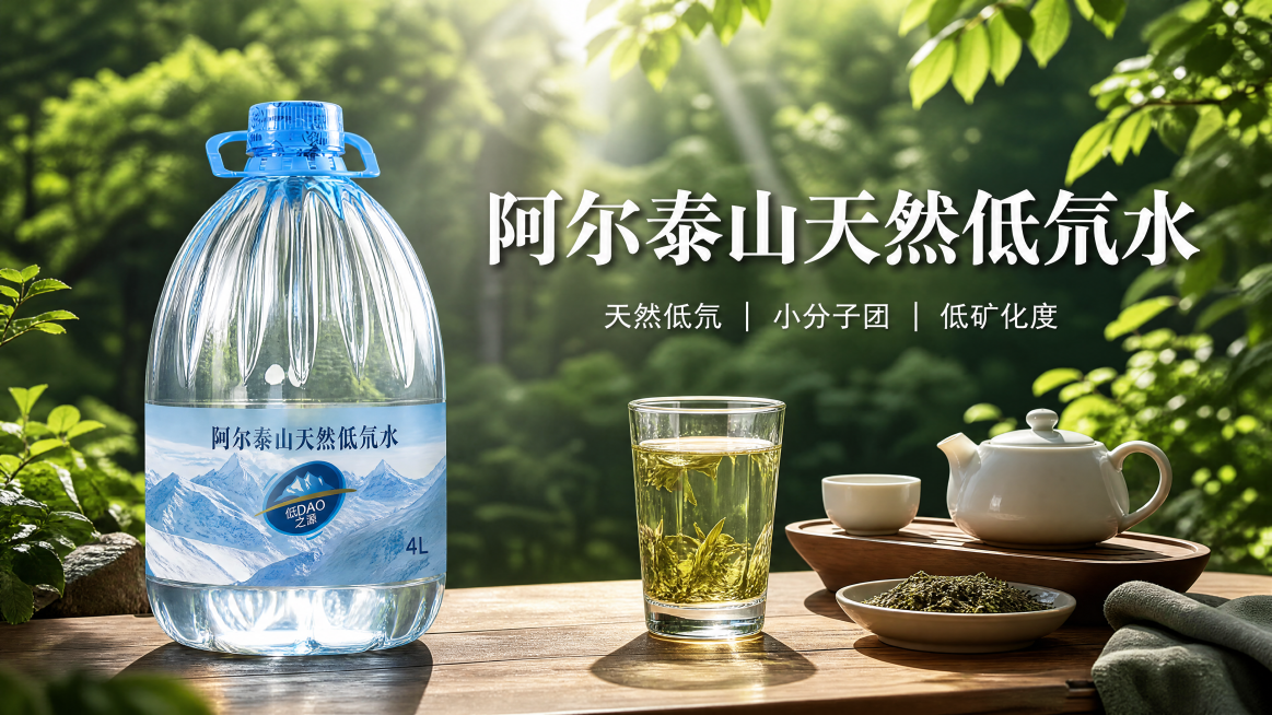 参考参考海报风格制作低氘水泡茶产品海报，背景为自然绿意深林，左侧放置我们的4L低氘水产品瓶身，右侧布置泡茶场景，包含玻璃茶杯装泡好的茶水、茶叶和茶具，整体自然清新高端。主标题为"阿尔泰山天然低氘水"，预览效果