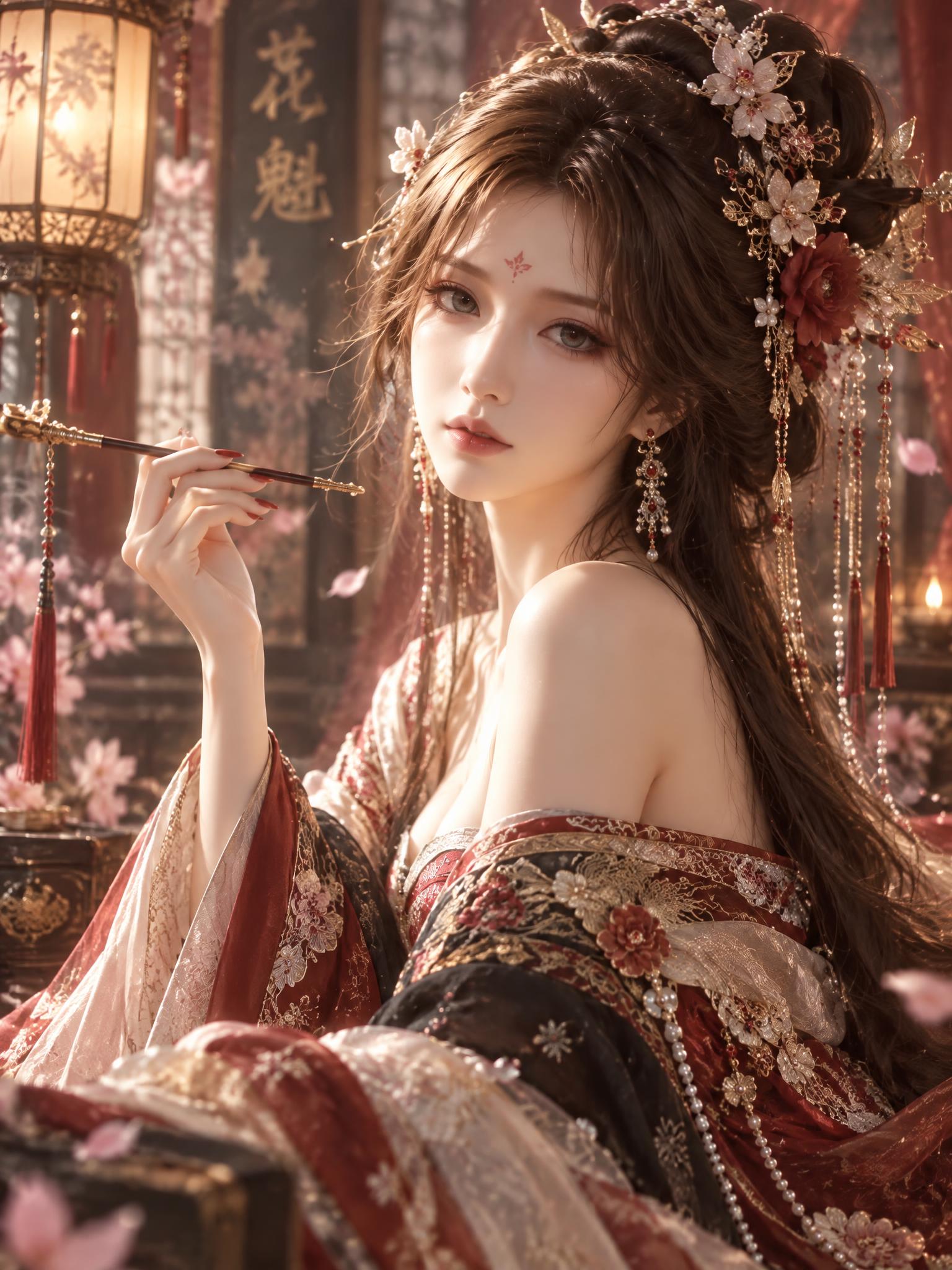 将图中女子画成古代青楼花魁的模样，保持清冷感，身着华丽古风花魁… - 图片创意预览