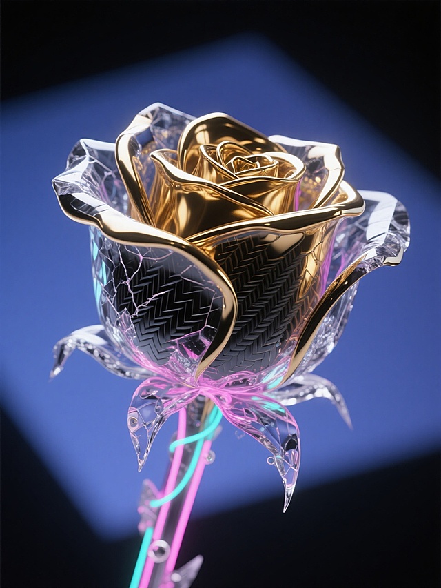 1. 特写镜头，一朵以液态黄金浇铸的玫瑰悬浮在纯黑色背景中央，金属光泽随着花瓣弧度流淌出暖金色高光，边缘锐利如刀锋，单线条呈现出熔融金属特有的粘稠流动感，整体散发着冷冽奢华的质感。

2. 中景构图，冰晶雕琢的玫瑰静立于钴蓝色背景前，六边形晶体结构在花瓣边缘形成几何折射，线条转折处凝结着细小冰棱，单线条化作冰裂纹路般的不规则折线，透出寒冷而脆弱的美感。

3. 俯视角，碳纤维编织的玫瑰在深灰色背景上展开，单线条呈现出碳纤维特有的编织纹理，花瓣边缘露出细微的纤维束，整体呈现出工业感十足的哑光黑与银灰色交织的机械美学。

4. 侧逆光角度，霓虹灯材质的玫瑰在暗紫色背景中发光，单线条化作流动的霓虹灯管，粉色与青色的光芒在花瓣交汇处形成渐变光晕，线条末端带有灯管特有的电极光斑，呈现赛博朋克式的迷离美感。

5. 微距镜头，半透明树脂浇筑的玫瑰静置在乳白色背景上，单线条表现为树脂流动时自然形成的波纹，花瓣内部封存着细小气泡，阳光透过时在表面形成柔和的彩虹色散，呈现温润如玉的朦胧质感。

6. 平拍视角，青铜铸造的玫瑰置于赭石色背景中，单线条化作青铜器特有的氧化纹理，花瓣边缘带有刻意做旧的铜绿斑点，线条交汇处呈现出金属冷却时的收缩痕迹，散发着古文明遗物的沧桑气息。