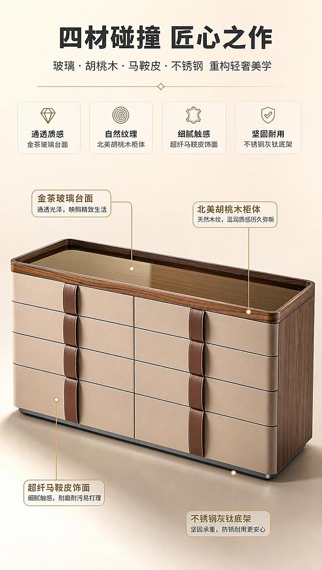 [商品] 使用【图1】DX-8829餐边柜/中岛台；保留八抽屉结构、米色马鞍皮柜体、棕色皮革拉手带、胡桃木台面、不锈钢底架的整体结构、颜色、材质和比例；商品处理：增强各材质对比质感，玻璃通透、木纹清晰、皮革细腻、金属有光泽，不改变产品结构。
[画面] 目标：设计美学叙事，展示四大材质碰撞的轻奢设计感。构图：上文下景，顶部约1/4为文案区，下方3/4为产品多角度材质展示。产品占画面约60%，采用45度微俯视角度，突出台面与柜体的材质层次。画面中用细线引出四个材质标注点：台面（金茶玻璃）、柜体边框（胡桃木）、抽屉面（马鞍皮）、底架（不锈钢）。背景为暖白色渐变，简洁高级。
[视觉] 套系策略：风格=现代轻奢高级商业摄影；标题字=现代无衬线粗体（思源黑体Heavy）；正文字=简洁无衬线体（思源黑体Regular）；主色=暖米白+胡桃木棕；背景延展=基于暖米白做深浅层级、同色渐变和细腻哑光质感；强调色=香槟金，仅用于小面积图标、引线、标签和装饰线条；标题色=深炭灰；正文色=中暖灰；组件=圆角浅底信息卡、细金线引线、轻奢质感图标；光影=左前侧暖柔光，明亮通透，高光柔和。
[文字] 顶部文案区：主标题「四材碰撞 匠心之作」（8字），副标题「玻璃·胡桃木·马鞍皮·不锈钢 重构轻奢美学」（16字）。画面中四个材质标注点配短文字：「金茶玻璃台面」「北美胡桃木柜体」「超纤马鞍皮饰面」「不锈钢灰钛底架」。文字横向排版，手机端可读。
[规格] 图片比例9:16竖版，4K分辨率，负向提示：避免变形、错字、文字过小、冷蓝背景、产品颜色改变、结构失真、极限词、水印、二维码。
