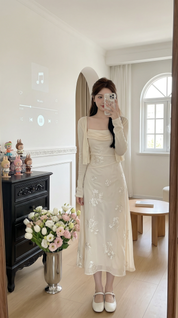 年轻女性，身材高挑有气质，高瘦美女，棕色韩式温柔半扎发公主头，甜美减龄纯欲风，淡颜妆容，手持漂亮壳手机露半脸对镜自拍。有漂亮的美甲，穿着图中米白刺绣吊带裙配同色系开衫，脚穿鞋，去掉包包，背景换成温馨的预览效果