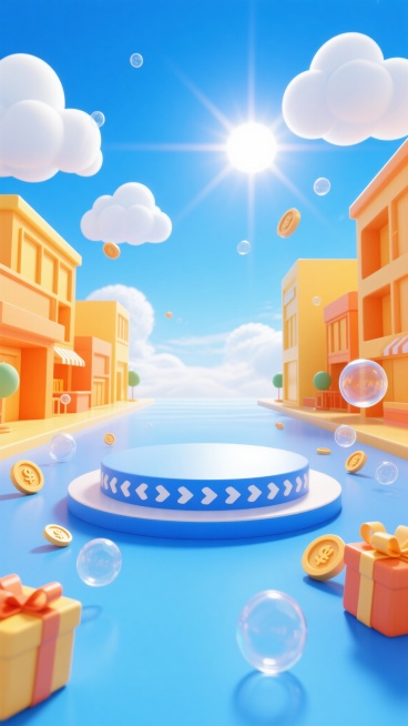 明亮欢快的电商促销背景，卡通风格3D场景，晴朗的蓝色天空点缀着蓬松的白色云朵，阳光从画面中央地平线洒落形成强烈的光晕效果，两侧是橙黄色调的现代建筑，中央为圆形舞台式促销平台，蓝色环形边缘带有白色箭头装饰，平台周围漂浮着透明气泡、礼盒、金币等电商促销元素，整体色彩以蓝、橙、黄为主色调，光影明亮柔和，充满活力与吸引力，构图采用低角度透视增强空间感，营造热闹的购物氛围。预览效果