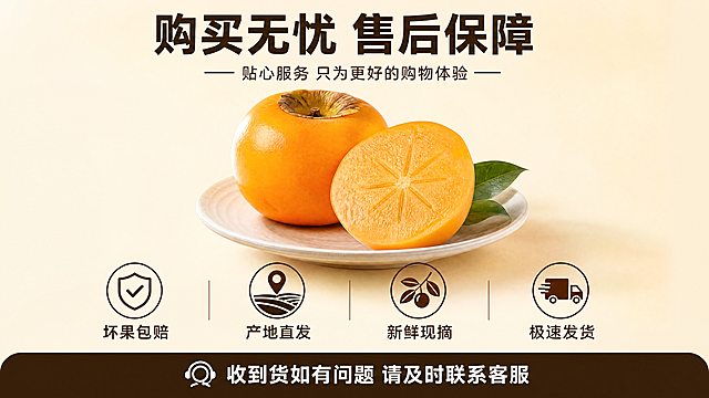 [第8张] 服务保障-售后承诺与购买须知。京东750px宽详情页比例。本张使用【图1】作为产品展示小图。
[氛围/风格] 稳重可信风，服务承诺页，京东服务风格，简洁专业。
[元素布局] 画面中央偏上放置一盘巧克力脆柿，占比约30%，有完整的和切开的；下方为服务保障区域，四个服务图标横向排列；背景为浅米色渐变，底部有深棕色服务条；产品外观与输入图一致。
[光影质感] 柔和正面光，果实干净明亮，整体画面简洁专业，信任感强。
[配色色系] 全局底色浅米色#FFF8F0；主色橙黄；辅助色深棕、暖金、白色。
[视角构图] 正面平视，上图下文布局，阅读动线从上到下。
[文字版式] 顶部主标题「购买无忧 售后保障」；下方四个服务图标加文字横向排列：「坏果包赔」「产地直发」「新鲜现摘」「极速发货」；底部深棕色条带内白色文字「收到货如有问题 请及时联系客服」；字体粗黑体，主标题深棕色，服务图标文字深棕色，底部条带白色字；信息清晰易读。
[比例分辨率] 京东详情页标准比例 宽度750px 高度自适应 竖版长图比例约1:1.6，4K分辨率，文字清晰可辨，高清画质，移动端友好。
[负向提示词] 果实变形，颜色偏差，水印，文字错乱，产品模糊，背景杂乱，京东Logo，绝对化用语