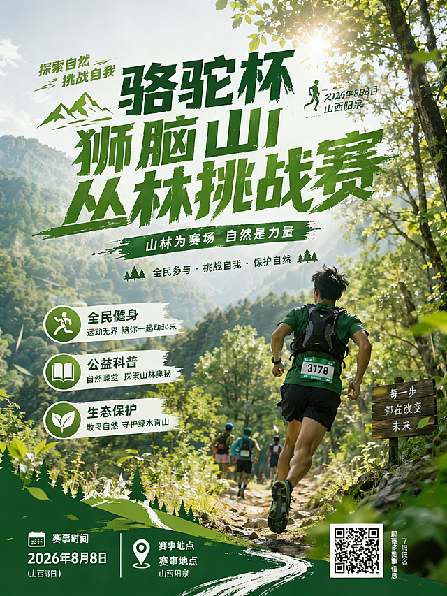 基于参考图风格，生成完整的骆驼杯狮脑山丛林挑战赛宣传海报，保持绿色自然户外风格，补充完整主标题“骆驼杯狮脑山丛林挑战赛”，添加赛事信息“2026年8月8日 山西阳泉”，保留“山林为赛场 自然是力量”“全民参与·挑战自我·保护自然”文案，整体3:4比例，设计完整协调，信息清晰醒目