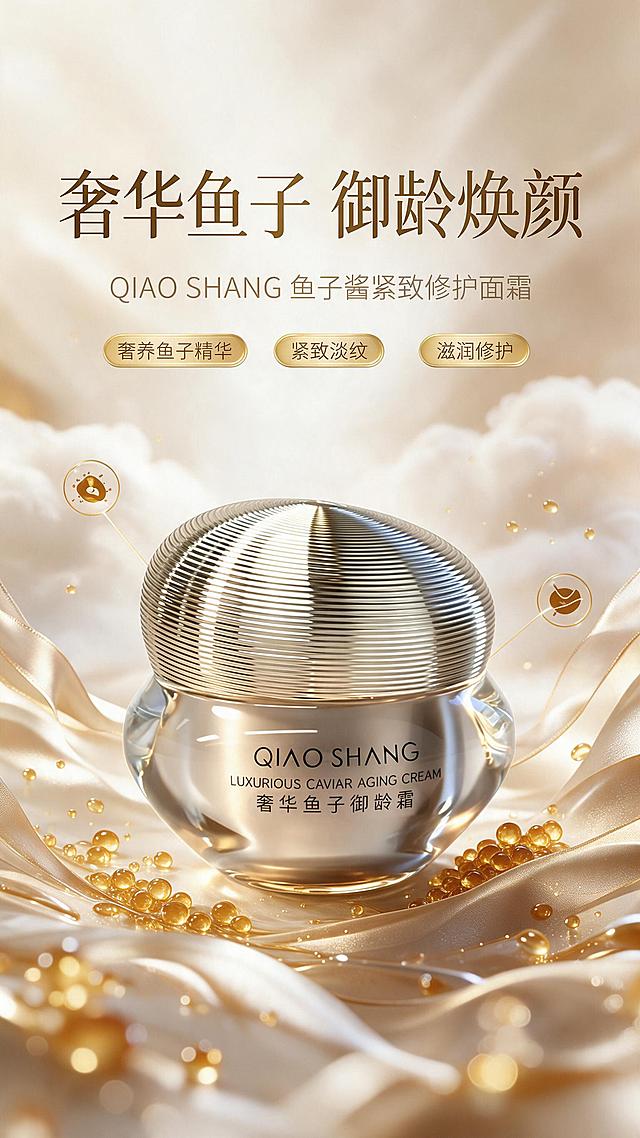 [商品] 使用【图1】QIAO SHANG 奢华鱼子御龄霜；保留瓶身圆润造型、金色螺纹瓶盖、透明金色瓶身、瓶身正面"QIAO SHANG""LUXURIOUS CAVIAR AGING CREAM""奢华鱼子御龄霜"文字与Logo，产品结构、颜色、材质、比例完全一致，不做任何修改。
[画面] 第1张：美感头图，产品海报型。目标是建立高端奢华第一印象，突出鱼子御龄面霜的贵妇质感。产品居中偏下，占画面约55%，正面微侧角度展示；上方留白放主副标题；周围点缀金色鱼子颗粒、金色液体流动、柔金光斑、丝绸质感飘带；前景有细腻金色光斑与鱼子精华粒子，中景产品，后景柔金渐变云雾；整体3层以上视觉层次，营造奢华沉浸感。
[视觉] 套系策略：风格=高端奢华东方轻奢商业摄影；标题字=衬线粗体+现代无衬线组合；正文字=简洁无衬线体；主色=香槟金+米白金；背景延展=基于香槟金做深浅渐变、丝绸质感、柔雾光晕层级；强调色=深金/琥珀金，仅用于小面积图标、引线、标签和高光；标题色=深棕金；正文色=暖棕灰；组件=圆角金线信息卡、细线引线、金色胶囊标签；光影=左前侧暖柔光+顶部轮廓光，产品金属盖有清晰高光反射。
[文字] 上方居中主标题"奢华鱼子 御龄焕颜"，副标题"QIAO SHANG 鱼子酱紧致修护面霜"，下方3个金色胶囊小标签：奢养鱼子精华、紧致淡纹、滋润修护。文字全部横排，不遮挡产品主体瓶身正面文字。
[规格] 图片比例9:16竖版，2K分辨率，淘宝/天猫详情页风格。避免变形、错字、文字过小、冷蓝/冷灰背景、产品颜色改变、瓶身文字错乱、结构失真、白底极简。