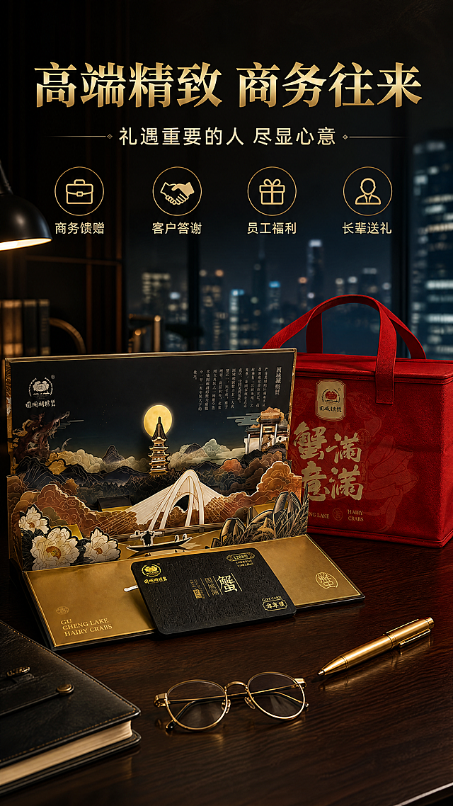 [商品] 使用【图2】黑金立体卡册与【图6】红色保温礼袋；保留卡册黑金立体结构与红色礼袋外观；组合展示为高端礼赠套装。
[画面] 目标：第14张礼赠场景，商务往来心意之选。构图：商务桌面场景，深色木质桌面上，黑金立体卡册打开居中，红色礼袋置于后方，旁边搭配一支金色钢笔、一副金边眼镜、一本皮质笔记本，营造高端商务办公氛围。背景虚化的办公室落地窗与城市夜景。景别：中景，场景沉浸。前中后景：前景桌面装饰，中景礼册+礼袋主体，后景虚化办公室。
[视觉] 套系策略：风格=黑金轻奢高端商业摄影；标题字=粗衬线宋体（厚重典雅）；正文字=简洁无衬线黑体；主色=深邃炭黑+哑光金；背景延展=基于炭黑做深浅渐变、金色暗纹、细腻金属质感；强调色=帝王金，仅用于小面积图标、引线、标签和局部光效；标题色=哑光金渐变；正文色=浅米金；组件=金色细线分割、圆角黑金信息卡、中式金线图标；光影=暖金台灯侧光，窗外冷蓝夜景做对比，产品主体突出。
[文字] 顶部主标题"高端精致 商务往来"，副标题"礼遇重要的人 尽显心意"，下方4个适用场景：商务馈赠、客户答谢、员工福利、长辈送礼。文字横排，位于画面上三分之一。
[规格] 图片比例9:16竖版，4K，负向提示：避免变形、产品颜色改变、文字过小、出现人物面部。