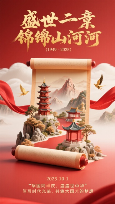 奥斯卡获奖电影海报设计，红色为主色调，洋溢喜庆氛围。上方以金色书法字体写就「盛世篇章 锦绣山河」，并标注“（1949 - 2025）”，见证岁月征程。中间展开的卷轴上，立体山水建筑景观精妙呈现，传统塔预览效果