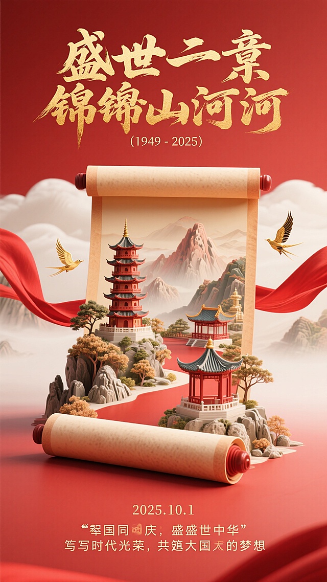 中式古典插画风，微缩艺术展现锦绣山河，鎏金元素增添喜庆国潮感，庆祝国庆佳节。