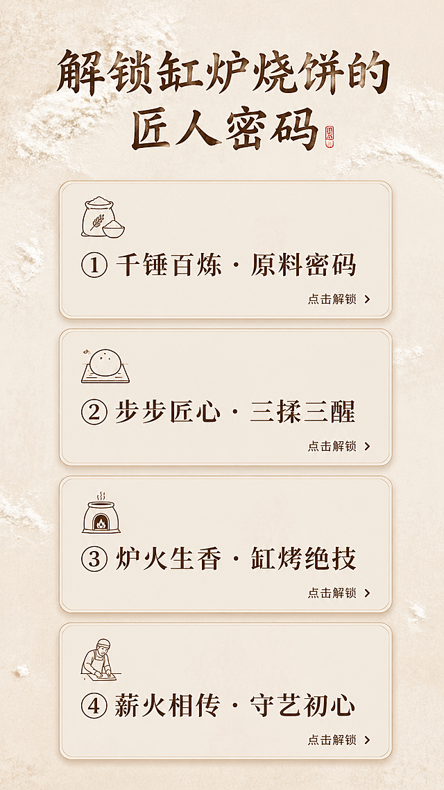 9:16竖版H5目录页，页面顶部标题"解锁缸炉烧饼的匠人密码"，下方垂直排列四个圆角卡片式模块，对应四个板块：①千锤百炼·原料密码 ②步步匠心·三揉三醒 ③炉火生香·缸烤绝技 ④薪火相传·守艺初心，每个卡片左上角搭配对应简约线性图标：原料、面胚、炉火、匠人，右下角标注小字"点击解锁"，背景为浅米色，铺满细腻浅灰色面粉纹理，整体排版清晰直观，简约交互设计风格，暖调传统质感