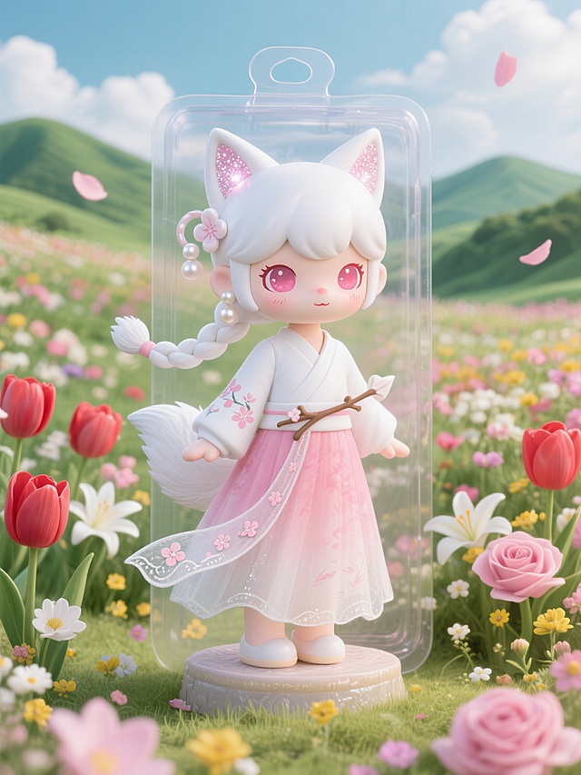 梦幻3D风，拟人雪狐卡通少女，甜美可爱，水彩花海背景，超现实主义设计。