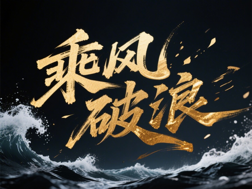 文案“乘风破浪”，金色字体，深色背景，预览效果