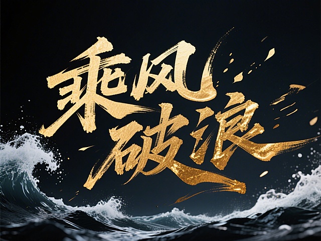 鎏金大字风书法“乘风破浪”，融合水墨飞溅与金属质感，浪涛翻涌背景强化冲击感与体积感，国潮风设计传递热血励志精神。
