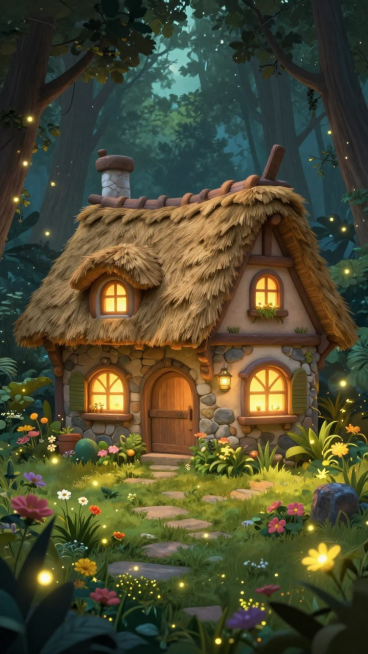 A charming and beautiful fairy-tale villa nestled in a enchanted forest, thatched roof, cobblestone预览效果