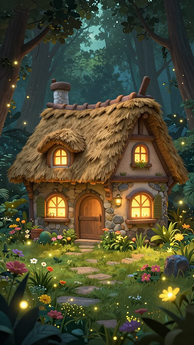 A charming and beautiful fairy-tale villa nestled in a enchanted forest, thatched roof, cobblestone walls, glowing windows with warm light. Lush garden with glowing flowers and fireflies. Whimsical, storybook illustration style, soft glow, highly detailed.