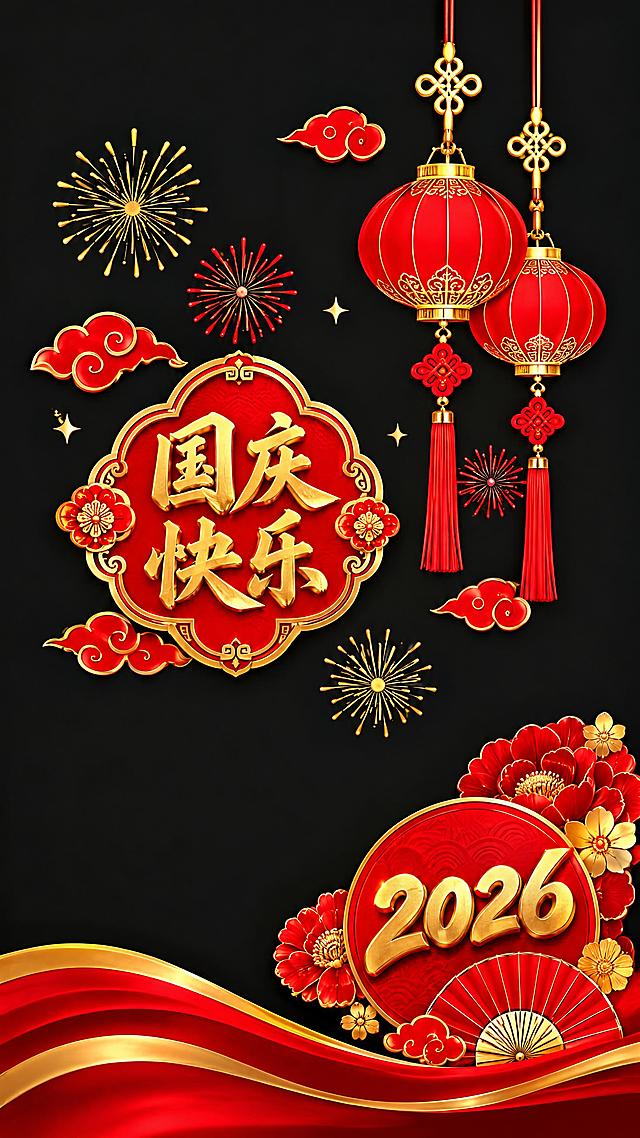 第6扇玻璃贴：黑色背景，画面右侧有两个红色圆形灯笼（一大一小悬挂），配金色中国结和红色长流苏，左侧有'国庆快乐'红色如意形标牌，周围点缀红色祥云、金色烟花、红色烟花图案，右下角有红色圆形'2026'金色大字装饰，配红色花朵和折扇图案，底部有红金双色波浪飘带从左向右延伸，高清精致，无任何标注线，单扇独立完整画面