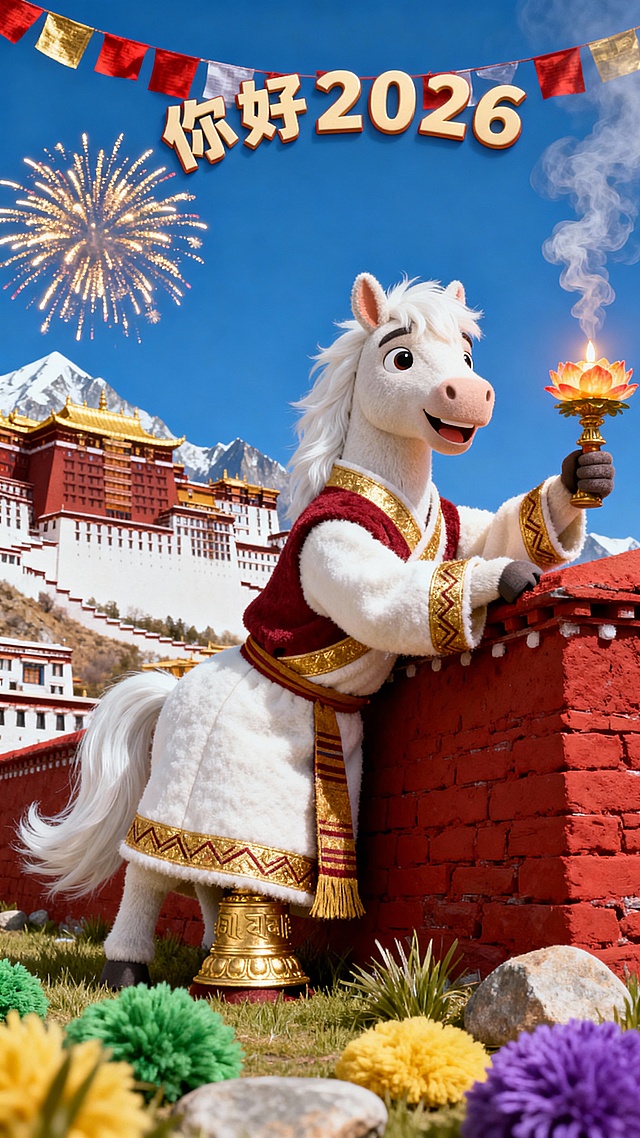 拟人卡通小马中国地标主题设计图，仰视视角；雪白长毛小马（仿藏地骏马造型，身着雪白藏袍 + 枣红坎肩，藏袍镶金边与氆氇纹），下半身融入布达拉宫红宫红墙（与金色经幢衔接），双手抓红墙边缘、举酥油花灯，探身向下看镜头，表情虔诚带笑；背景仰视可见布达拉宫金顶、红宫墙体，蓝天纯净无云，远处有雪山剪影，天空绽放金红经幡造型烟花；画面顶部随意错位摆放 “你好 2026” 艺术字，雪域圣境风格，4K 超精细，藏地新年氛围。