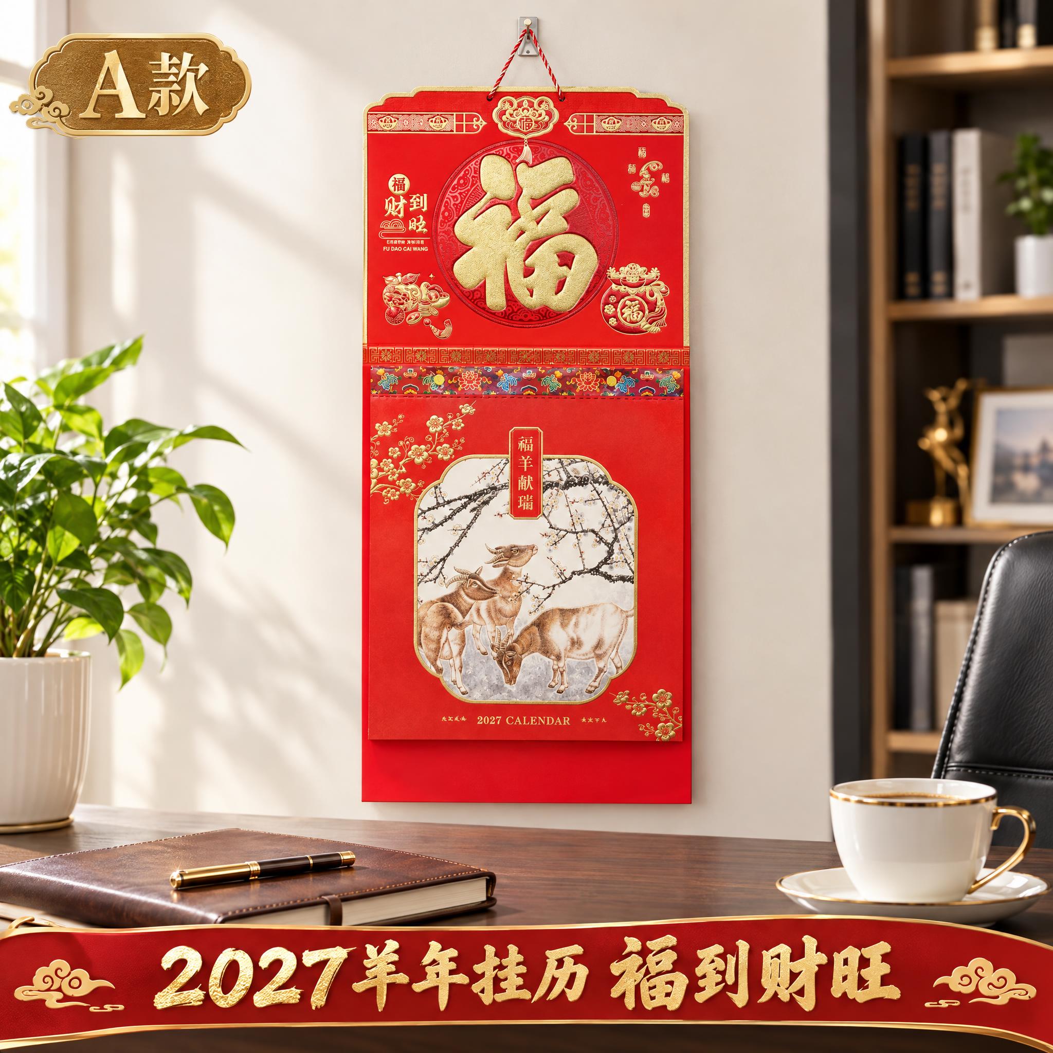 福到财旺福羊献瑞2027年挂历淘宝主图第1张，主题：A款正面展… - 图片创意预览